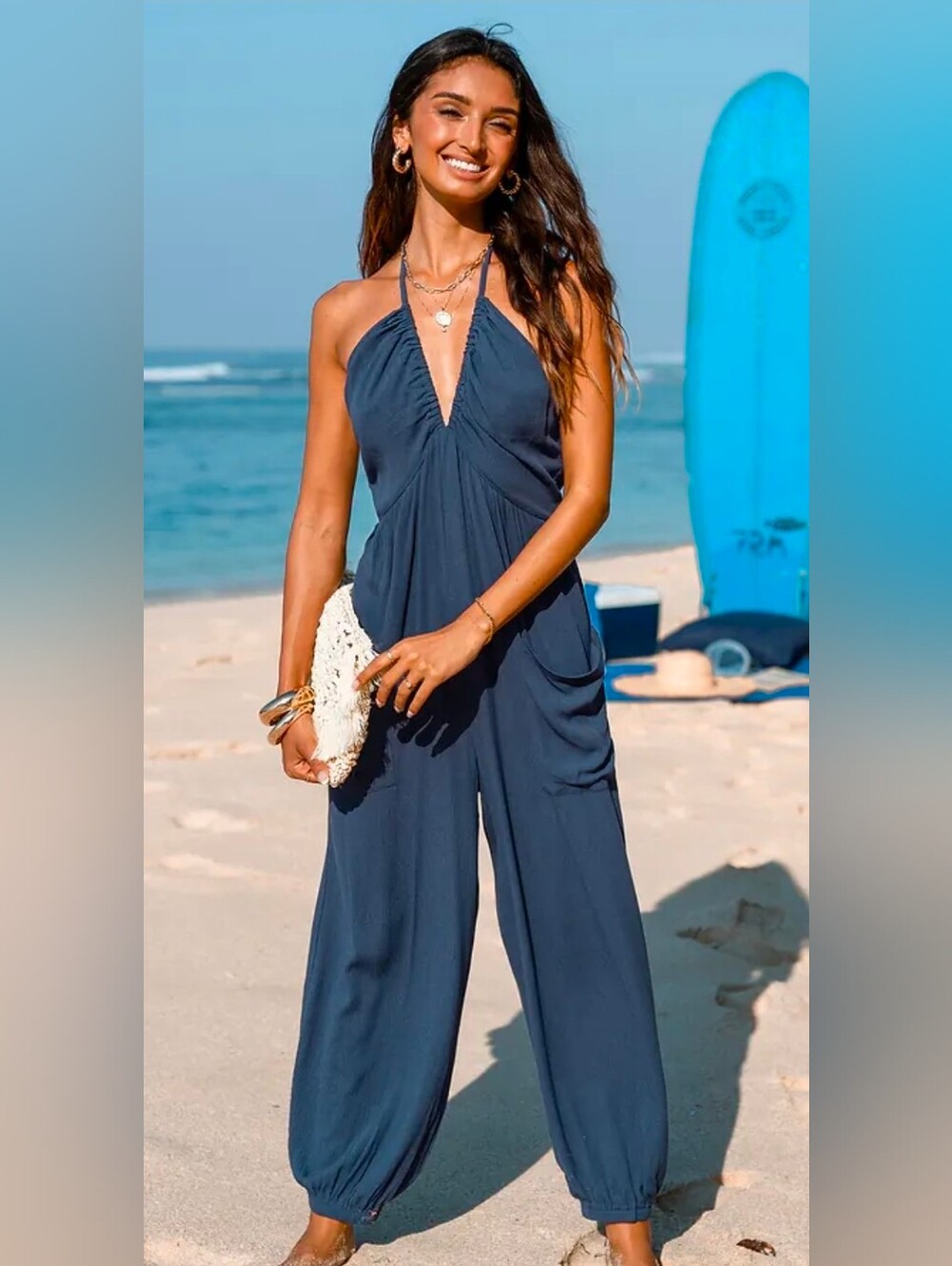 Navy Plunge Halter Jogger Jumpsuit